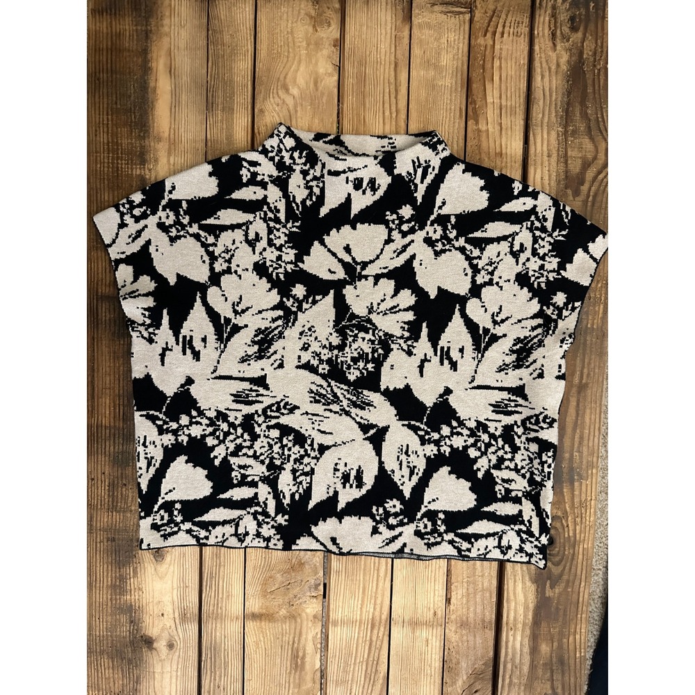 Joie Black White Floral Jacquard Mock Neck Cap Sleeve Knit Top Large L